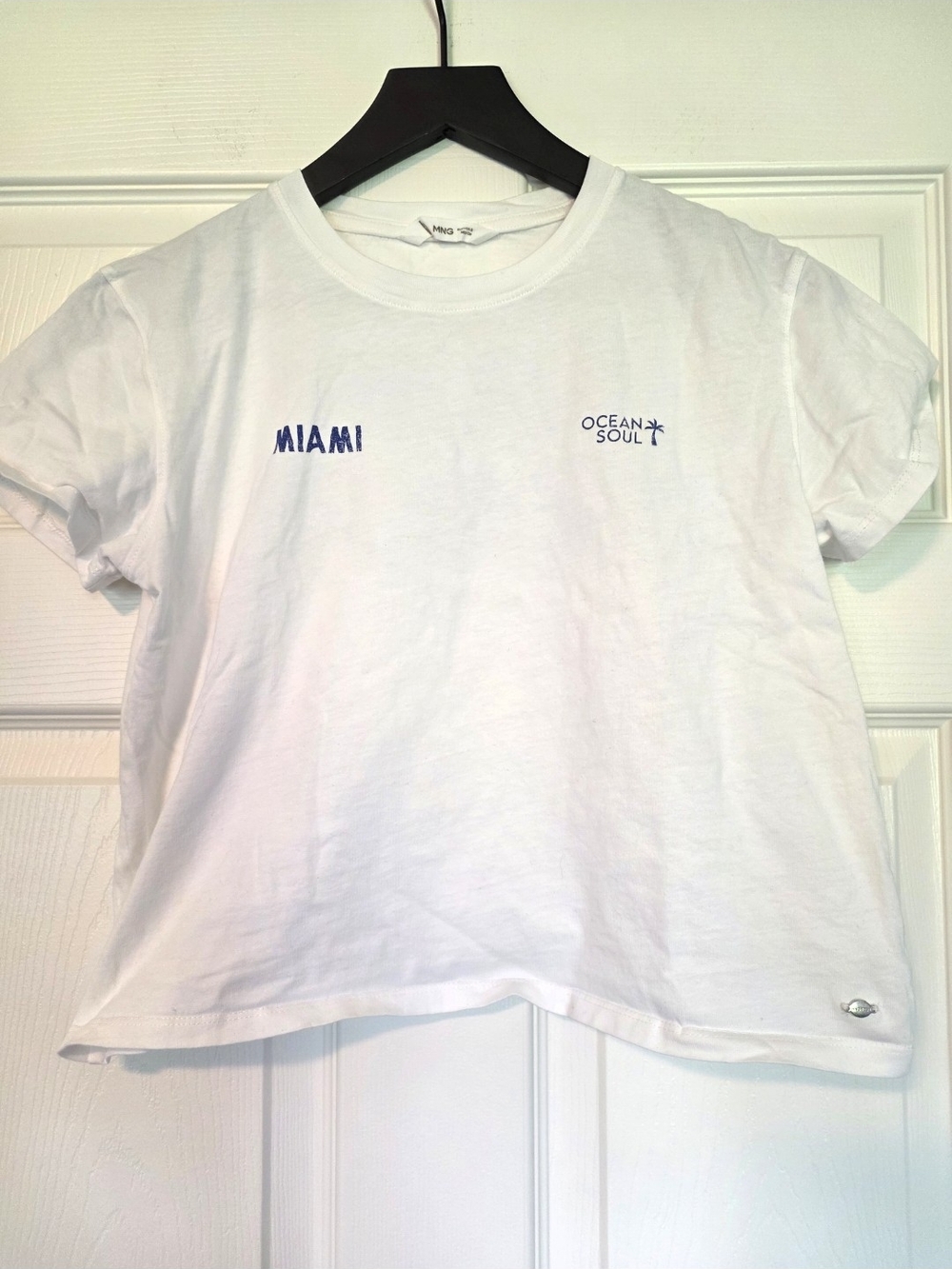 Mango White Tee with Navy 'Miami' & Ocean Soul Print Nwot